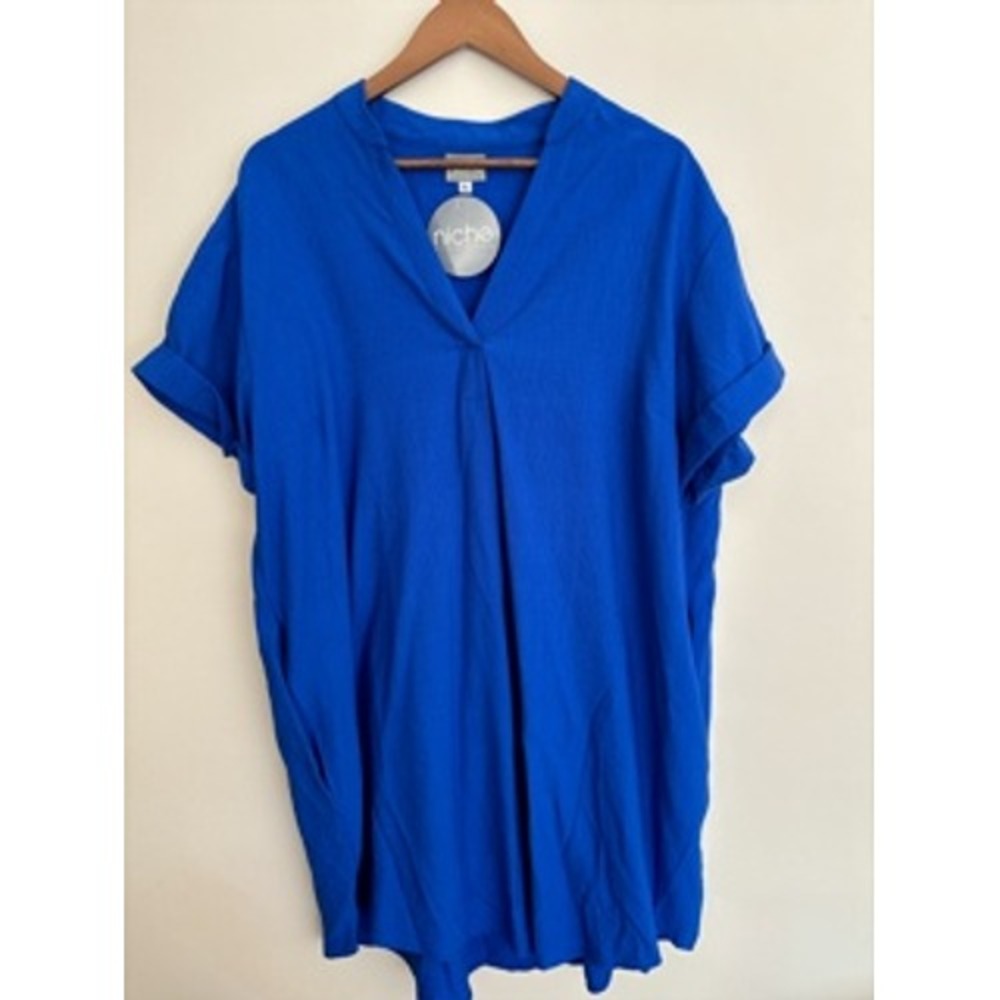 Niche Nilgun Derman Mila‎ Dress Electric Blue Rayon Split V-Neck XL NEW WITH TAG